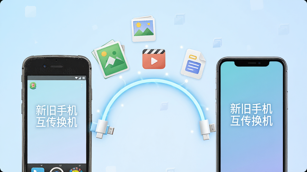 画面中央是一部旧款手机和一部新款手机并排摆放,中间用一条发光的弧形数据线连接,数据线上方漂浮着通讯录、照片、视频、文档等图标,整体布局为左右对称构图,风格为清爽科技插画风,细节上手机屏幕显示「新旧手机互传换机」文字界面,背景为浅蓝渐变,画质干净清晰,无多余元素