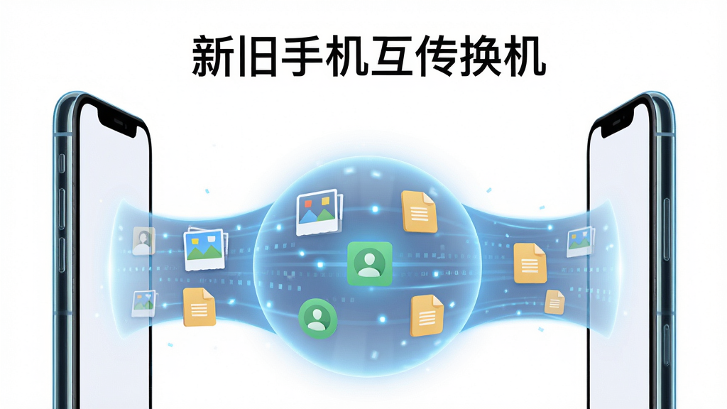 画面主体为两部手机屏幕相对,中间形成一个发光的球形数据通道,通道内有照片、联系人、文件图标有序流动,布局为居中对称,排版上方留白放置软件名称「新旧手机互传换机」,风格为扁平科技风,细节上手机边框有微光描边,画质高清干净,无杂乱装饰
