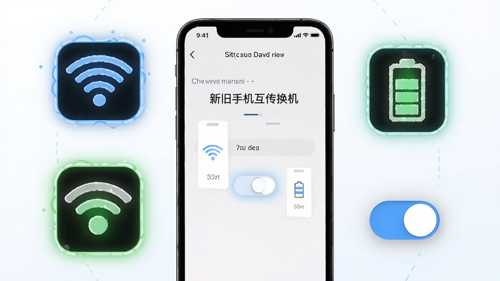 画面为一部手机屏幕显示「新旧手机互传换机」的设置权限页面,旁边漂浮着WiFi图标、电池图标和权限开关图形,布局为手机居中、图标环绕,风格为简洁说明插画风,细节上重点图标带高亮描边,画质干净明亮,背景为浅色渐变,无多余元素