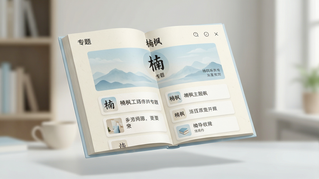 主体为一本打开的数字阅读界面悬浮于画面中央,页面中呈现专题文章排版,标题区域带有