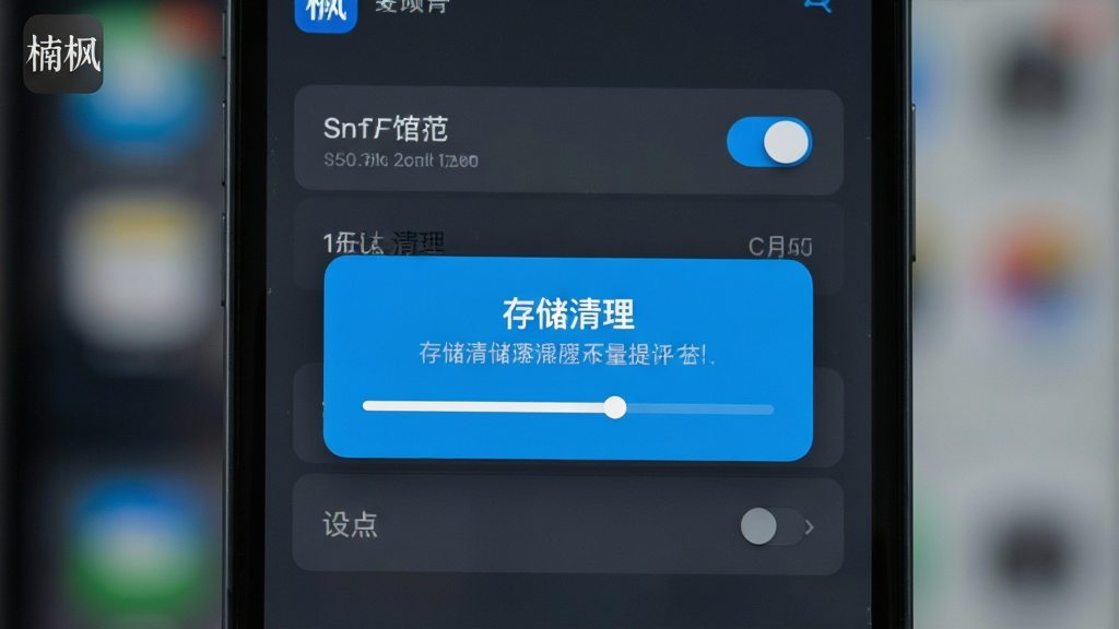 主体为一部手机屏幕特写,画面中显示应用权限设置界面与存储清理提示弹窗,屏幕角落带有
