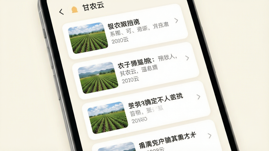 画面主体为一块竖屏手机界面,展示农业资讯信息流列表,每条资讯配有缩略图与标题文字,布局采用上下滚动式排版,背景为淡雅的米白色,风格为清新简约的UI展示风,细节刻画卡片圆角与分隔线,画质柔和干净,画面中文字为“甘农云”,无杂乱元素
