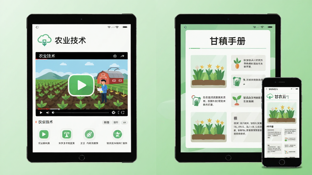 画面主体为一组分屏展示的平板电脑与手机,左侧屏幕呈现农业技术视频播放界面,右侧屏幕展示图文并茂的种植手册页面,布局采用左右对称构图,背景为浅绿色渐变,风格为现代科技感扁平插画风,细节突出屏幕内容层次与图标元素,画质干净清晰,画面中文字为“甘农云”,无多余元素