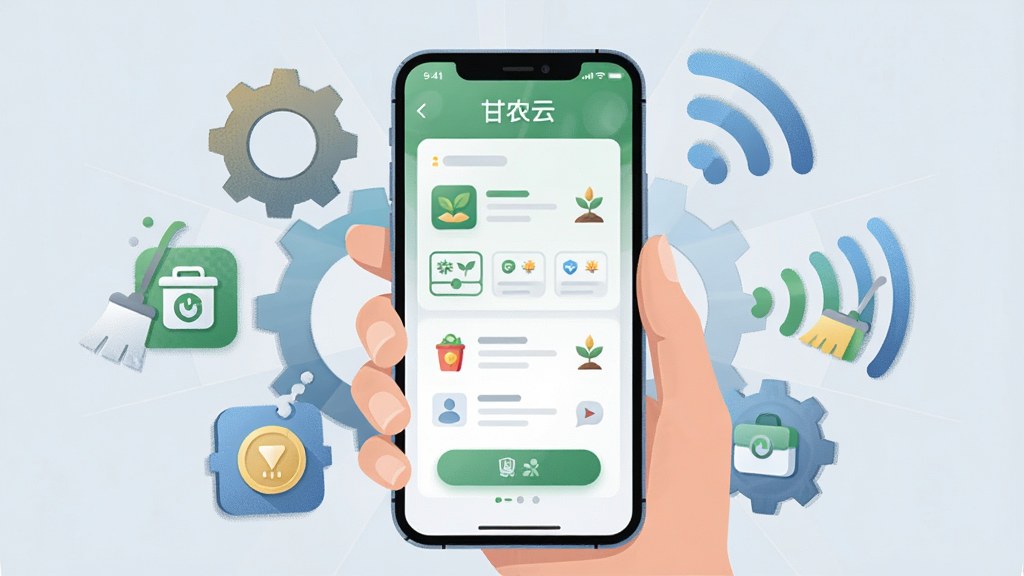 画面主体为一部手持智能手机,屏幕显示农业学习应用的操作界面,周围环绕齿轮、缓存清理图标与信号波纹元素,布局采用中心放射式构图,背景为浅灰蓝色,风格为扁平化科技插画风,细节刻画图标质感与界面层次,画质干净明亮,画面中文字为“甘农云”,无多余装饰