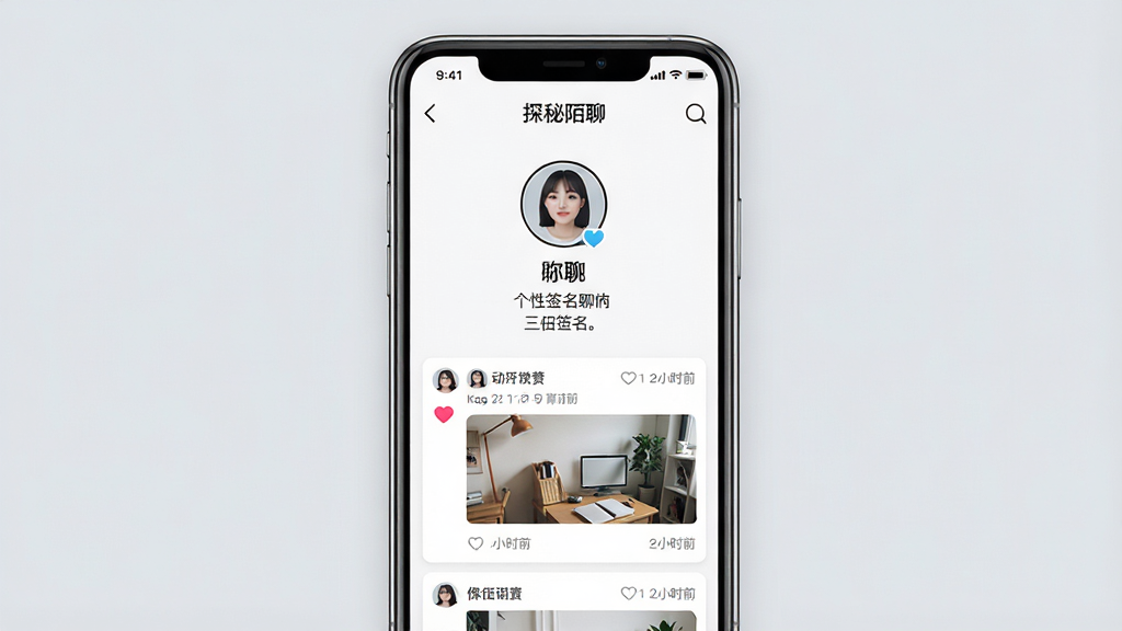 一张展示个人主页界面的手机场景图,画面主体为一部手机,屏幕上显示