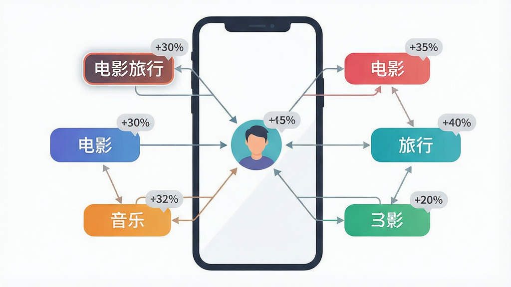 一张展示兴趣标签匹配机制的示意图,画面主体为一部手机屏幕,屏幕上排列着多个彩色兴趣标签按钮,如