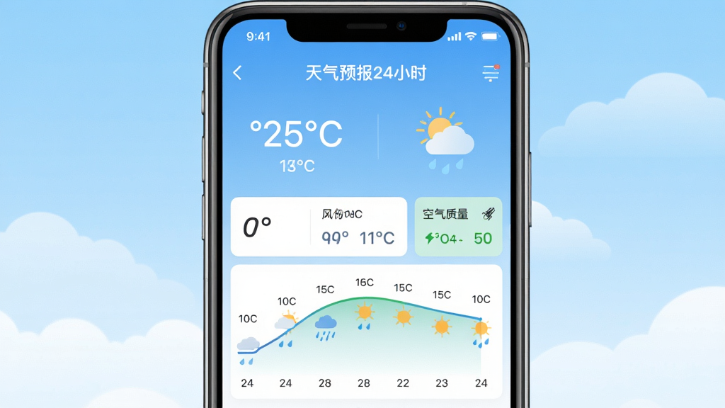 主体为一部智能手机,屏幕中央显示“天气预报24小时”应用界面,上方是当前温度与天气图标,下方为24小时逐小时天气曲线图,布局为居中手机正面展示,背景为淡蓝色渐变天空与白云,风格为清爽扁平化UI展示风,细节包含温度数字、小雨图标、风力标识、空气质量卡片,画质清晰干净无多余元素