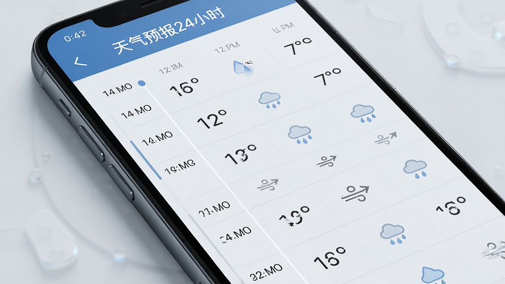主体为手机屏幕特写,屏幕内展示“天气预报24小时”逐小时预报列表,布局为纵向时间轴排列,风格为现代简约科技风,细节包含每小时的温度数字、小雨滴图标、风向箭头、时间刻度,画质高清干净无多余元素