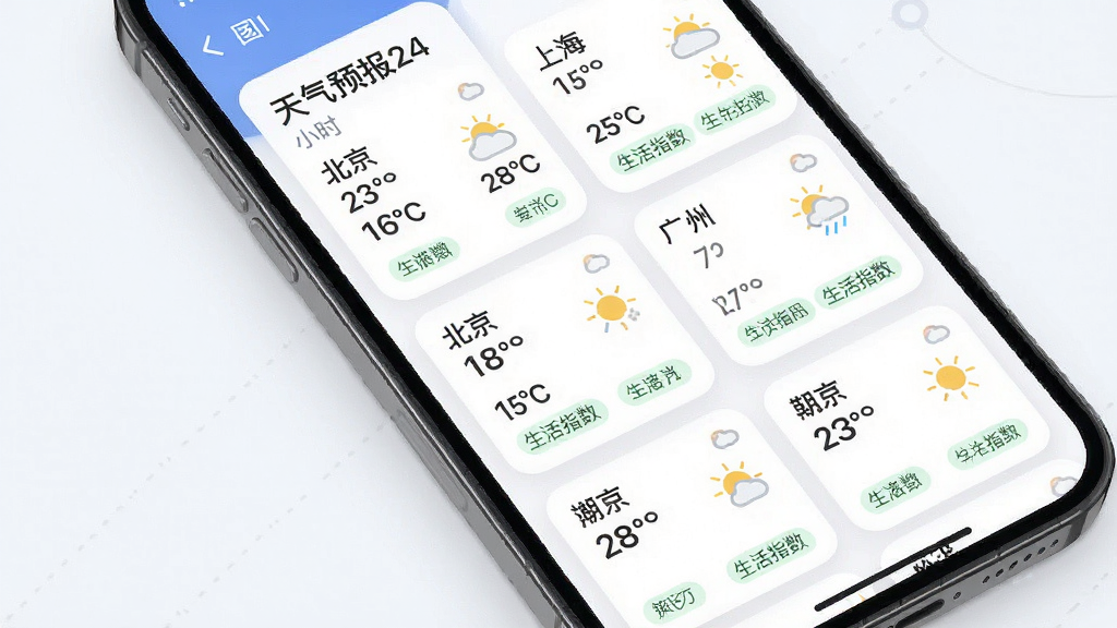 主体为手机应用多城市管理界面,屏幕中展示“天气预报24小时”城市列表卡片,布局为上下排列的城市天气卡片,风格为柔和圆角卡片风,细节包含北京、上海、广州等城市名称、温度数字、天气图标、生活指数小标签,画质清晰干净无多余元素
