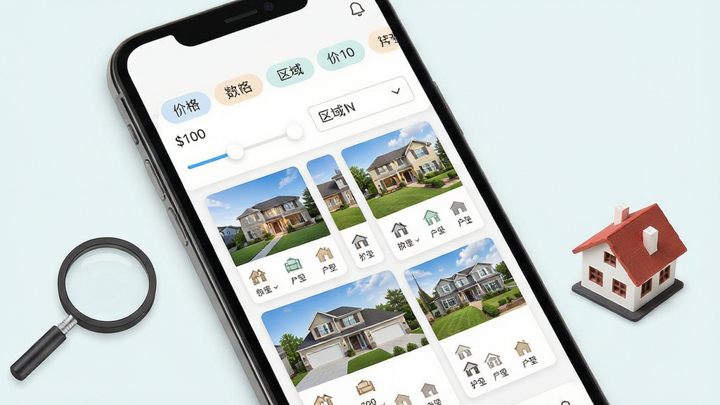 一张房产应用房源筛选界面示意图,主体为手机屏幕内的筛选面板,布局为顶部条件标签横向排列,中部为房源网格卡片;排版整齐有序,风格为清新浅色UI,细节包含价格滑块、区域下拉框与户型图标,屏幕旁配有放大镜与房屋模型小元素,画质高清干净,无多余元素