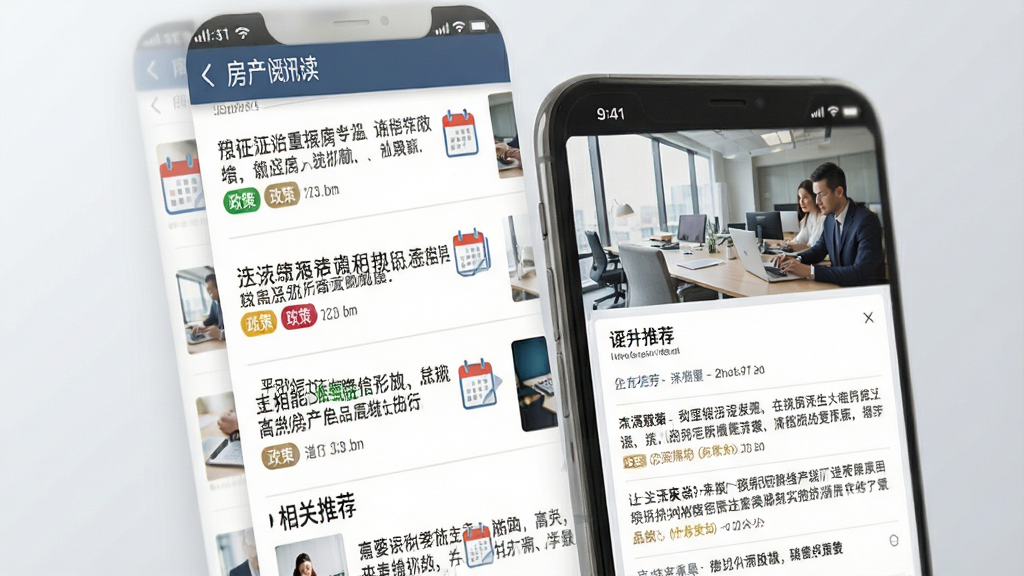 一张房产资讯阅读界面示意图,主体为手机屏幕显示文章列表与详情页,布局为上方标题栏、中部图文混排内容、下方相关推荐;排版疏朗,风格为简约商务风,细节包含政策标签、日历图标与文档图标,背景为浅灰渐变,画质高清干净,无多余元素