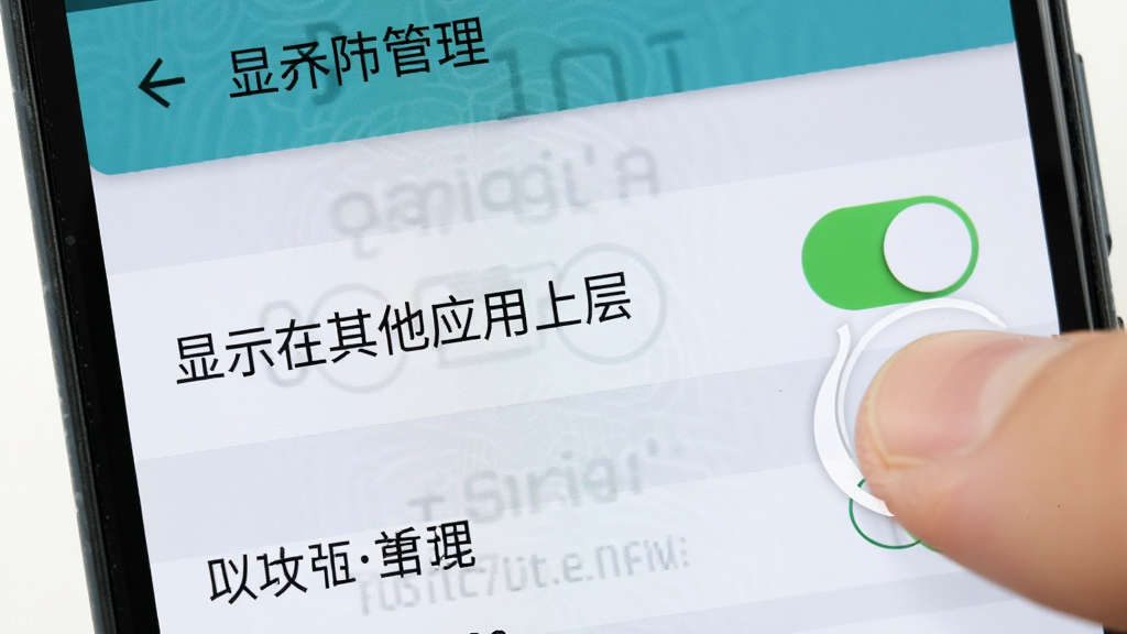 一部安卓手机屏幕特写,显示权限管理设置页面,其中“显示在其他应用上层”开关处于开启状态,旁边有手指点击动作示意,画面风格为手机操作教程配图,布局清晰直观,光线明亮,细节锐利,画质干净,无多余元素