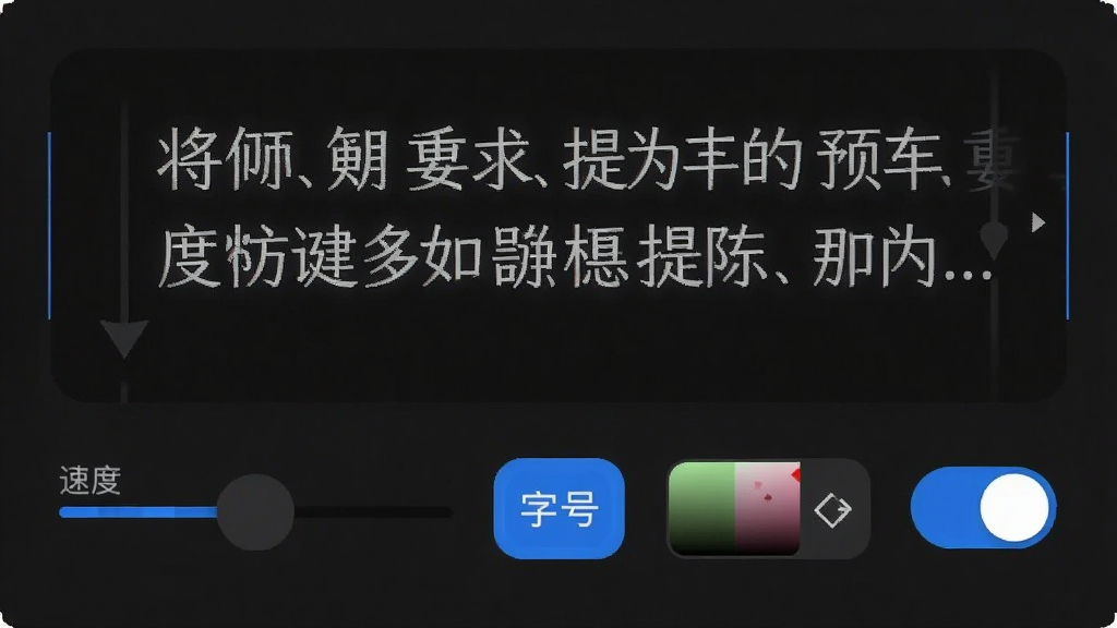 极简提词器应用内部设置界面截图风格展示,画面中央为文字滚动预览区,下方排列着速度滑块、字号调节按钮、颜色选择器与镜像开关图标,界面采用深色主题搭配蓝色高亮元素,布局整洁有序,风格为移动应用UI设计展示,细节精致,画质清晰,无杂乱装饰