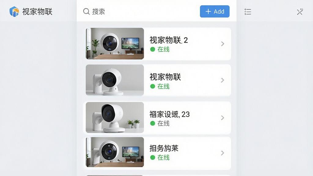 视家物联多设备管理界面展示图,画面呈现视家物联APP的设备列表页面,五台智能摄像头以卡片形式纵向排列,每张卡片左侧显示实时画面缩略图,右侧标注设备名称与在线状态,界面采用浅灰底色搭配白色卡片,顶部有搜索与添加按钮,整体风格简洁商务,画质清晰,干净无多余元素