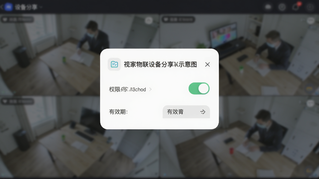 视家物联设备分享功能示意图,画面展示视家物联APP的设备分享设置页面,界面中央有一个分享链接生成弹窗,包含权限选择开关与有效期设置选项,背景为模糊处理的监控画面,整体采用浅色柔和圆角风格,画质清晰,干净无多余元素