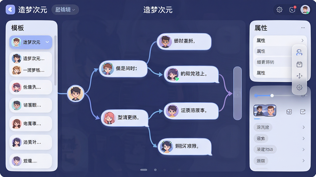 画面主体为“造梦次元”剧情编辑界面,居中展示节点式故事线,多个圆角矩形对话节点由曲线连接,节点内包含角色头像与简短台词,左侧为模板列表,右侧为属性面板,布局为左中右三栏结构,风格为柔和圆角科技风插画,细节包含分支箭头、缩略时间轴与半透明悬浮工具栏,画质清晰,画面干净,无多余元素