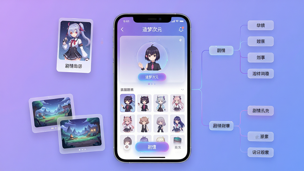 整体画面以“造梦次元”应用界面为核心,主体是一部竖屏手机居中放置,屏幕内展示角色创建面板与素材库网格布局,背景为柔和渐变紫蓝色,四周环绕悬浮的二次元角色卡片、场景缩略图和剧情分支线条,排版采用中心聚焦式构图,风格为清爽的科技二次元视觉,细节包含半透明图层、发光按钮与轻微颗粒质感,画质清晰,画面干净,无多余元素