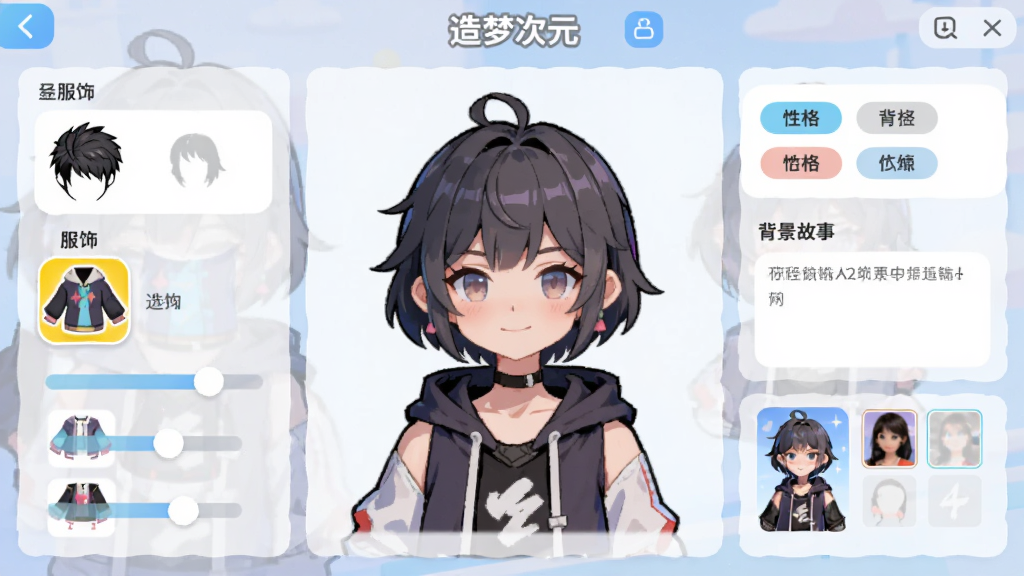画面主体为“造梦次元”角色创建界面,居中展示一个二次元风格角色半身像,左侧为发型与服饰选项竖排列表,右侧为性格标签与背景故事输入框,布局为左右分栏中间预览的三段式,风格为明快扁平化UI插画,细节包含高亮选中的服饰图标、半透明属性滑条与角色卡预览缩略图,画质清晰,画面干净,无多余元素