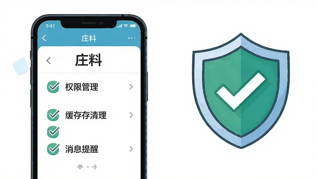 画面主体为一部手机屏幕显示“庄料”设置页面,旁边配有一个盾牌图标与勾选列表;布局为左手机右图标;风格为安全提示类插画;细节包括盾牌上有对勾,列表项文字为“权限管理”“缓存清理”“消息提醒”;画质清晰,干净,无多余元素