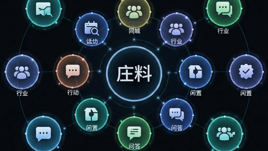 画面主体为多个圆形话题圈层图标环绕排列,中心显示“庄料”字样;布局为环形放射状;风格为简约科技感图标展示;细节包括每个圈层图标下方配有简短文字标签,如“同城”“行业”“闲置”“问答”;画质清晰,干净,无多余元素