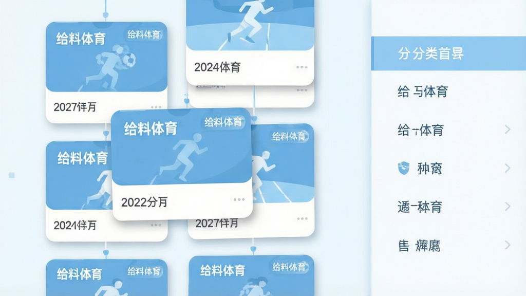 一张信息聚合概念图,画面左侧为多张赛事卡片呈瀑布流排列,卡片上带有“给料体育”标识与日期标签,右侧为简洁的分类导航栏,整体采用浅蓝与白色配色,扁平化插画风格,布局清晰有序,细节表现卡片阴影与圆角处理,画质干净,无杂乱元素