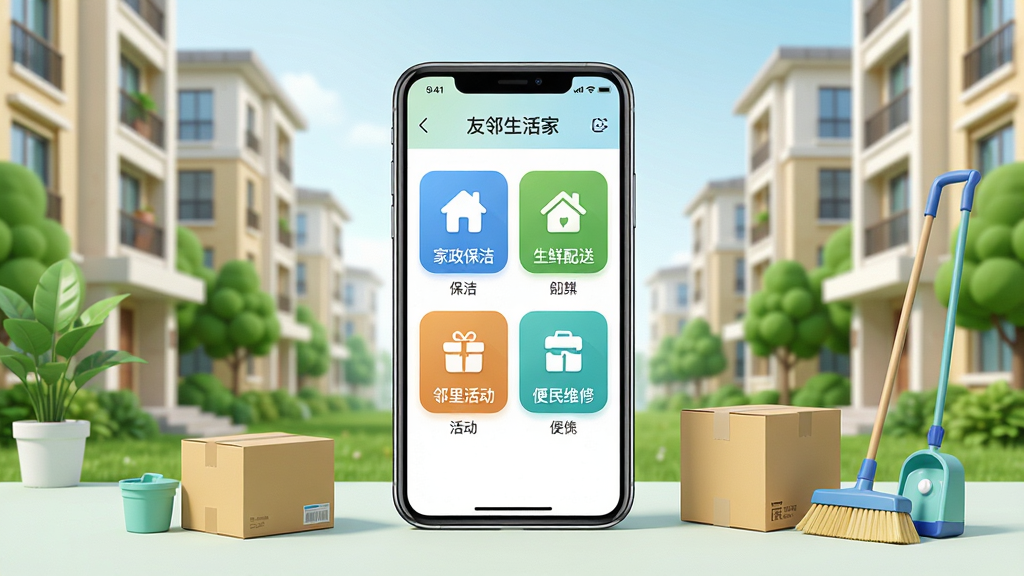 一张展示“友邻生活家”手机应用界面的场景图,画面中央是一部竖屏智能手机,屏幕内呈现社区生活服务首页,包含家政保洁、生鲜配送、邻里活动、便民维修四个功能入口图标,手机周围环绕着社区住宅楼、绿植、快递包裹、清洁工具等生活元素,整体布局为居中构图,风格清新明亮,细节丰富,画质清晰干净,无多余装饰元素