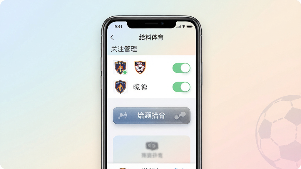 一张个性化推荐界面示意图,画面中央为手机屏幕,屏幕内显示“给料体育”关注管理页面,带有球队徽章图标与开关按钮,背景为柔和浅色渐变,风格简洁现代,排版上下分层,细节突出按钮质感与图标线条,画质清晰,无多余文字堆叠