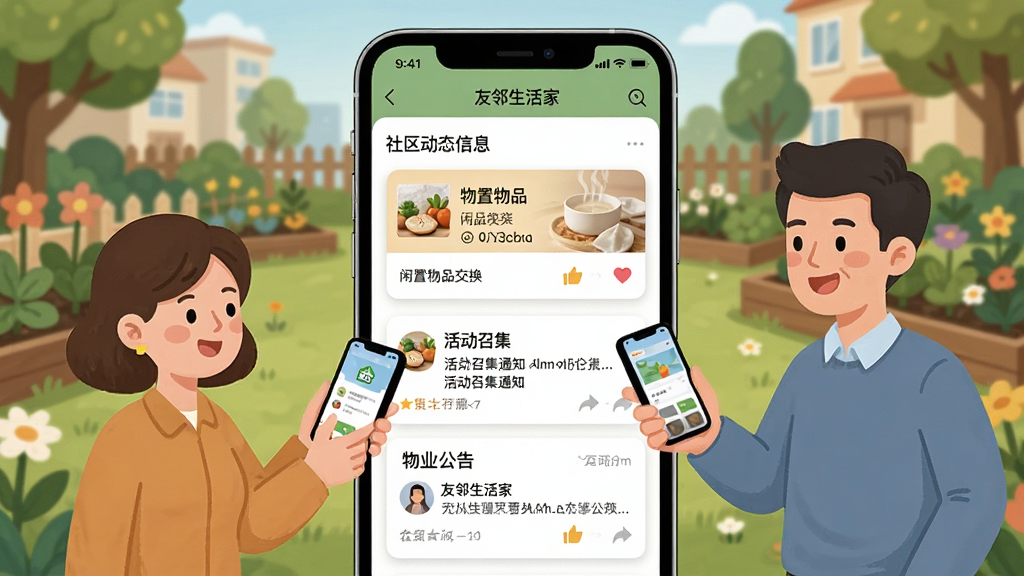 一张展示“友邻生活家”邻里互动板块的手机界面效果图,画面中手机屏幕显示社区动态信息流,包含闲置物品交换卡片、活动召集通知和物业公告,屏幕外有两位卡通居民形象正在用手机交流,背景为社区花园场景,整体风格温馨亲民,构图以手机为视觉中心,细节丰富,画质清晰干净