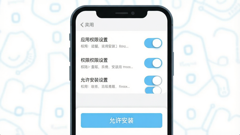 一张展示手机安装应用时权限设置界面的示意图,主体为手机屏幕内显示权限开关列表与“允许安装”按钮,布局为居中手机特写,风格为扁平化科技插画,细节包含浅蓝高亮开关与灰色说明文字,画质清晰,画面干净无杂乱元素