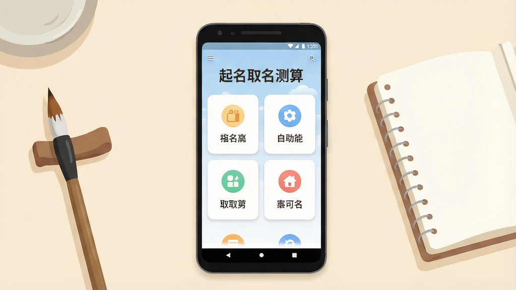 一张手机屏幕展示起名取名测算软件主界面的场景图,主体为居中竖放的安卓手机,屏幕内显示“起名取名测算”标题与功能卡片布局,背景为浅米色书桌环境,旁边摆放毛笔与笔记本,整体采用清新简约的插画风格,细节包含柔和阴影与圆角图标,画质清晰干净,无多余元素