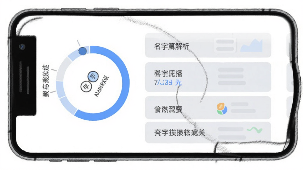 一张起名取名测算软件测名评分结果页面的示意图,主体为手机屏幕内展示分数环形图与名字解析文字列表,布局为上下结构,风格为清爽浅色商务插画,细节包含蓝色评分环与浅灰卡片,画质清晰,画面干净整洁