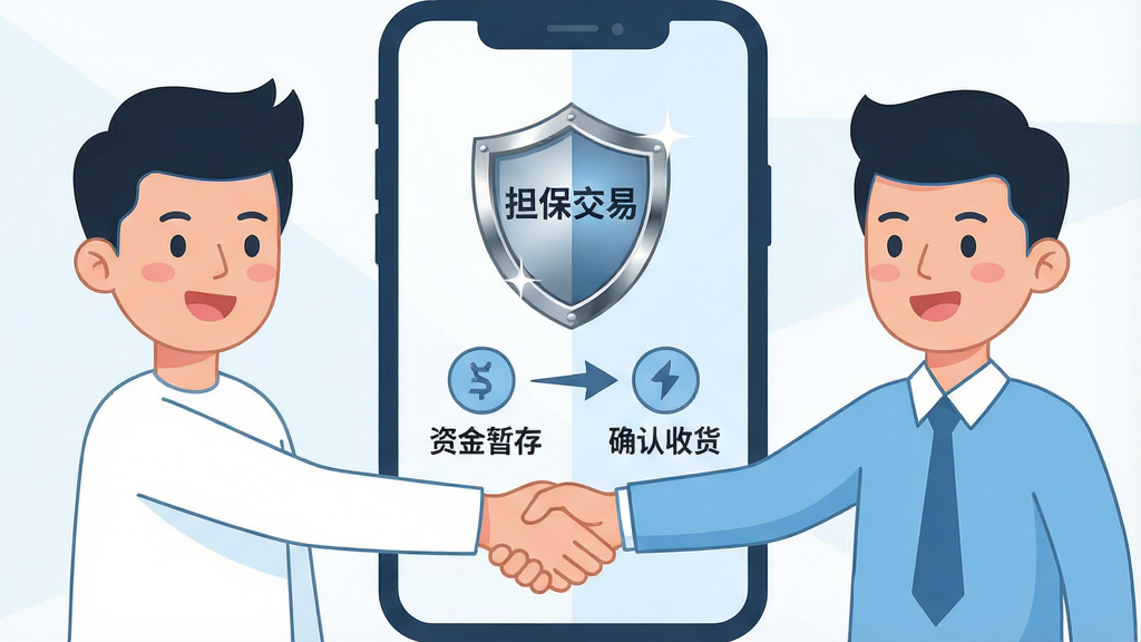 画面主体为两名卡通人物隔着手机屏幕握手,屏幕中央显示盾牌图标与“担保交易”文字,盾牌下方有资金暂存与确认收货两个流程节点;布局为左右对称,人物分别位于屏幕两侧;排版清晰,流程节点用箭头连接;风格为扁平插画风,浅蓝与白色为主色调;细节上人物表情友好、盾牌有金属光泽;画质高清,干净,无多余元素