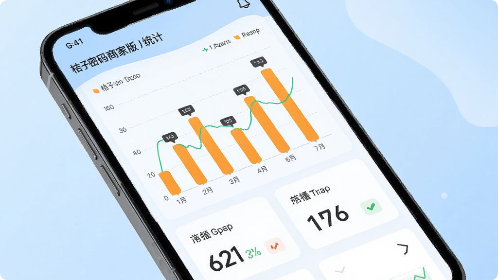 桔子密码商家版数据统计页面展示,画面为手机屏幕上的销售数据图表,包含柱状图与数字指标卡片,背景为浅蓝色渐变,风格现代简约,细节表现图表线条与数据标签,画质清晰明亮,画面干净整洁