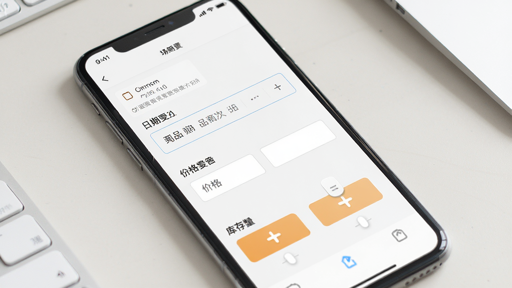 桔子密码商家版票品配置页面展示,画面为手机屏幕上的场次设置表单,包含日期选择器、价格输入框与库存数量调节按钮,背景为简洁的浅色办公桌面,风格清爽规整,细节突出表单控件与层级关系,画质细腻干净,画面无多余装饰