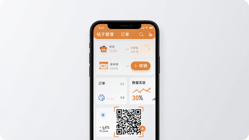 桔子密码商家版软件主界面展示,画面中央是一部竖屏手机,屏幕上呈现票务管理仪表盘,包含订单列表、核销按钮与数据统计卡片,背景为浅灰色渐变,整体布局简洁清晰,风格偏向现代商务扁平化设计,细节处体现票务图标与二维码元素,画质干净锐利,无多余装饰元素
