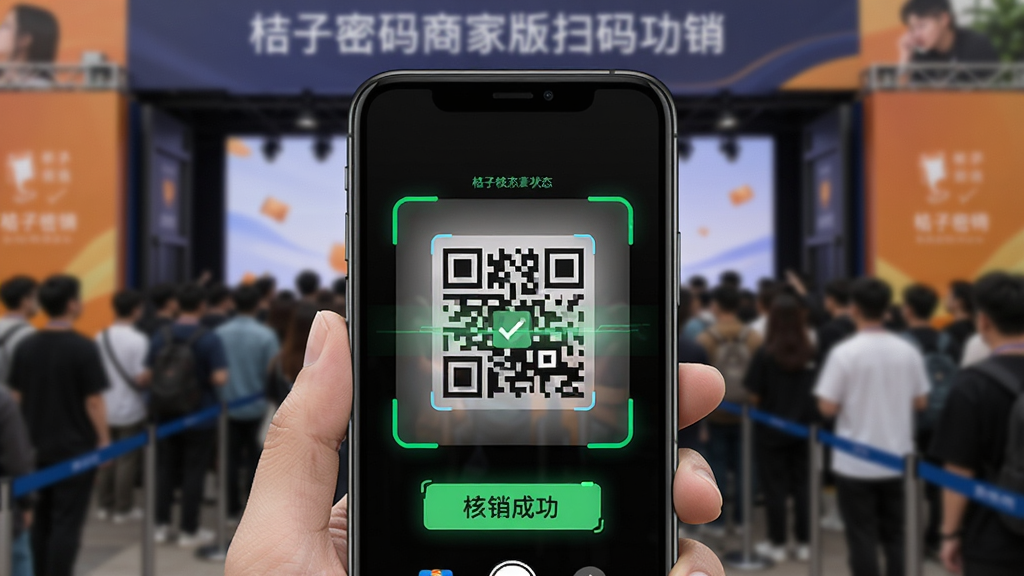 桔子密码商家版扫码核销功能展示,画面为手机屏幕特写,屏幕中央显示二维码扫描框与绿色核销成功提示,手机后方是虚化的演出现场入口人群,风格偏向科技感与实用感结合,细节表现扫描框线条与状态提示文字,画质干净利落,无多余元素