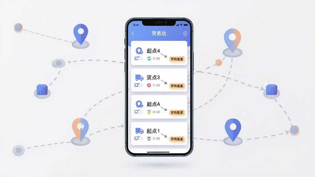 画面主体为一台竖屏智能手机,屏幕中央显示货源列表界面,列表项带有起点终点连线图标与货物重量标签,手机悬浮于浅灰色背景之上,四周散落若干抽象化的路线节点与定位图标,布局为居中对称构图,风格为扁平化科技插画,细节包含手机边框高光、界面卡片阴影、节点连接虚线,画面中手机屏幕顶部标注
