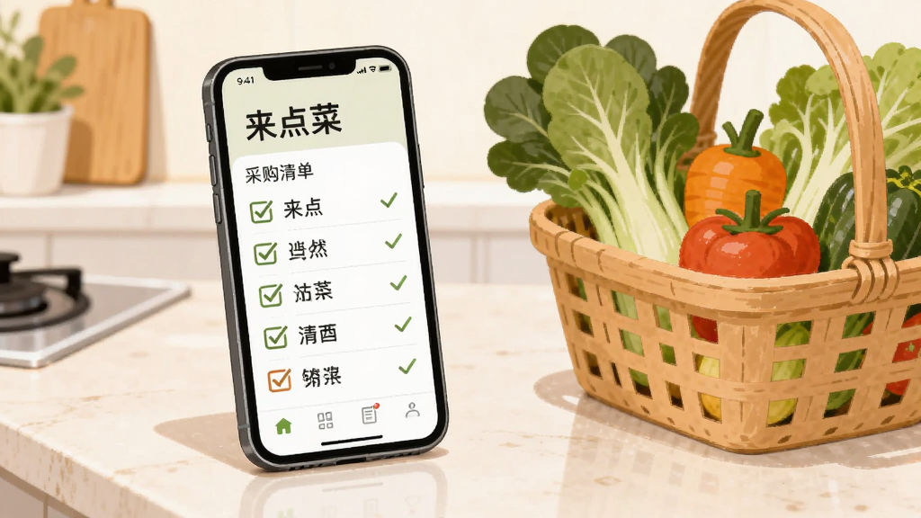 主体为一部手机放在厨房台面上,屏幕显示“来点菜”采购清单页面,旁边放着菜篮和几样蔬菜;布局为手机居中偏左、菜篮在右侧;排版自然;风格为生活化清新插画;细节为屏幕清单上有勾选标记;画质清晰、干净、无多余元素