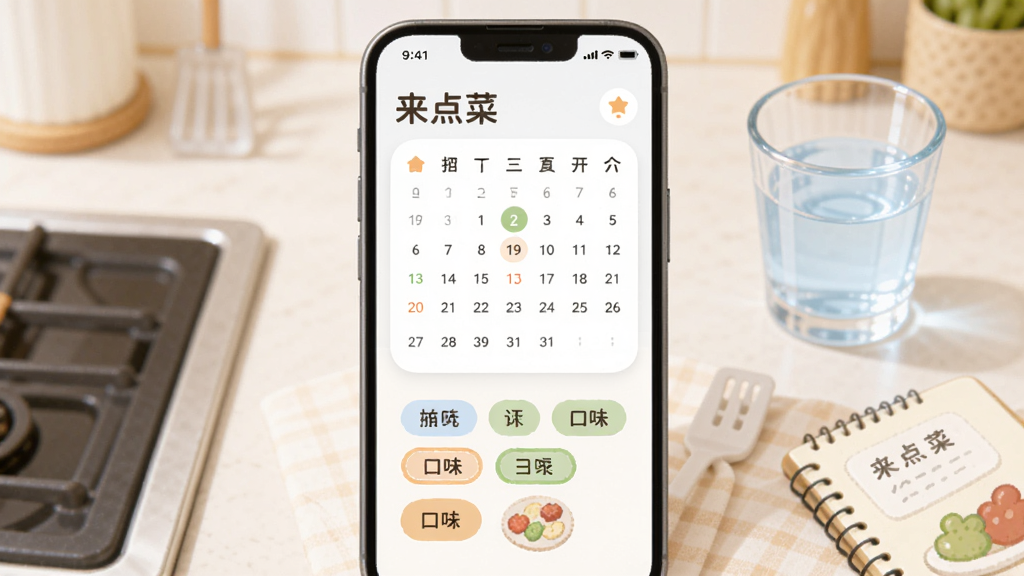 主体为一部手机屏幕显示“来点菜”的饮食记录页面,页面上有日历式记录与口味标签;布局为手机居中、背景为浅色厨房台面;排版为上下结构,上方为日历、下方为标签;风格为柔和圆角卡片式UI插画;细节为手机旁放着一杯水和一本小本子;画质清晰、干净、无多余元素