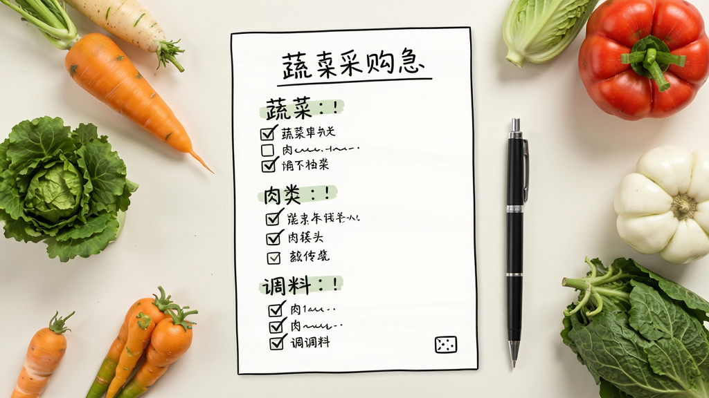 主体为一张手写风格的采购清单纸张平铺在桌面上,清单分为蔬菜、肉类、调料三个区域,旁边放着一支笔和几样真实蔬菜;布局为俯视平铺构图;排版为清单居中、蔬菜环绕四周;风格为清爽的手账插画风;细节为清单上有勾选标记;画质清晰、干净、无多余元素