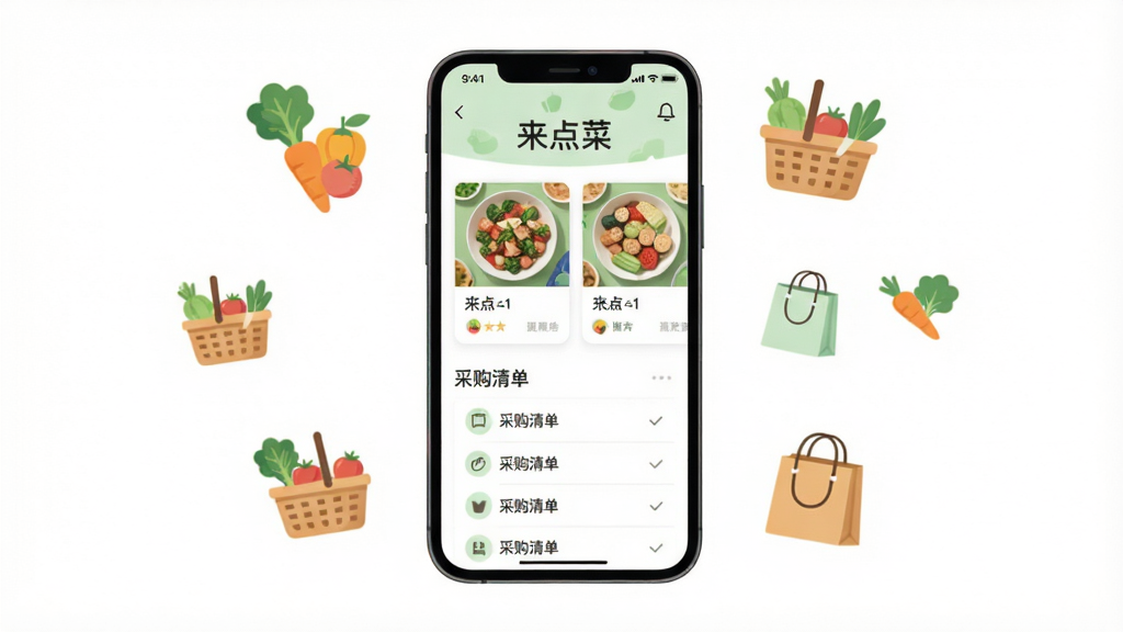 主体为一台竖屏智能手机居中摆放,屏幕上显示“来点菜”应用主界面,包含菜谱卡片与采购清单列表;布局为手机居中、四周留白;排版简洁,顶部为软件名称文字;风格为清新明亮的扁平化插画风;细节为蔬菜、菜篮子、购物袋等小图标点缀在手机周围;画质清晰、干净、无多余元素