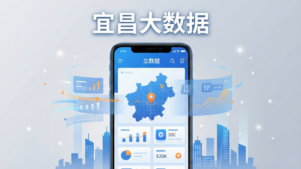 主体为一部竖向摆放的安卓智能手机,屏幕中央显示蓝白色调的城市数据服务应用界面,界面中包含城市地图轮廓与数据卡片元素;布局采用居中构图,手机两侧漂浮半透明的数据流线条与城市建筑剪影;排版上软件名称