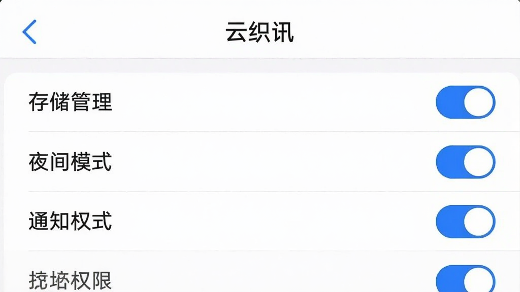“云织讯”应用设置页面截图风格,界面展示存储管理、夜间模式开关、通知权限等选项列表,布局为纵向排列,风格清爽浅色,背景白色,细节上开关为蓝色高亮状态,画质清晰干净,无多余装饰