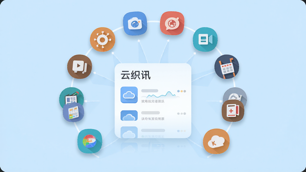 “云织讯”应用界面中多个资讯来源的图标以环形排列汇聚到中央的信息流卡片上,背景为淡蓝色渐变,风格扁平化插画,布局中心对称,细节上图标带有轻微阴影,画质清晰干净,无多余元素