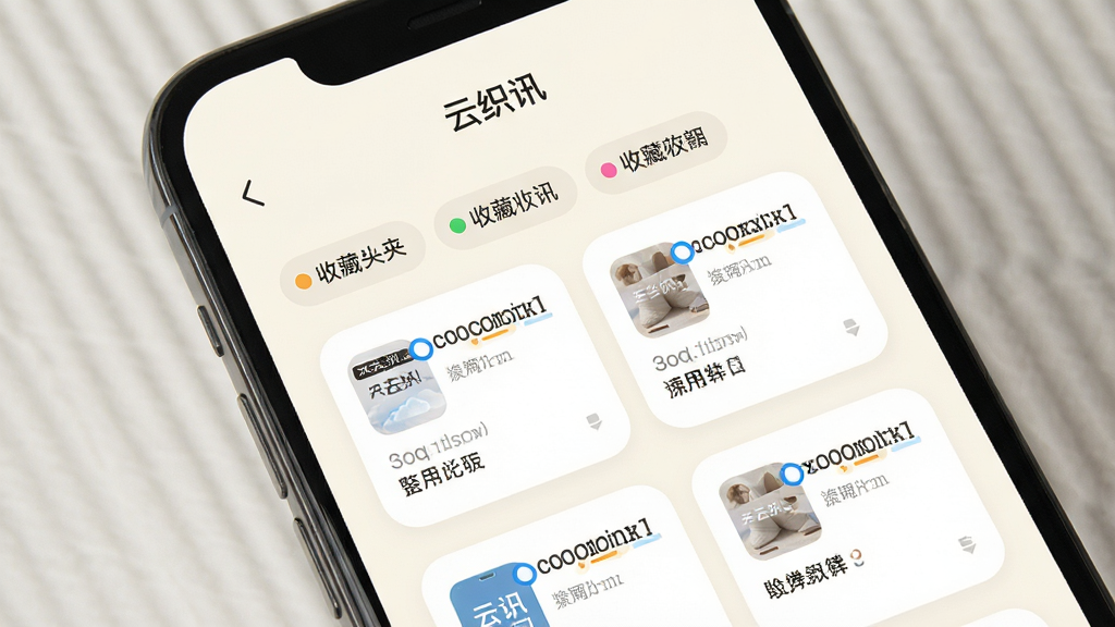 “云织讯”手机界面展示收藏夹页面,内容以标签分组排列,每个标签下有若干资讯卡片,界面风格柔和圆角,背景为米白色,细节上标签带有彩色小圆点标识,画质清晰干净,排版整齐