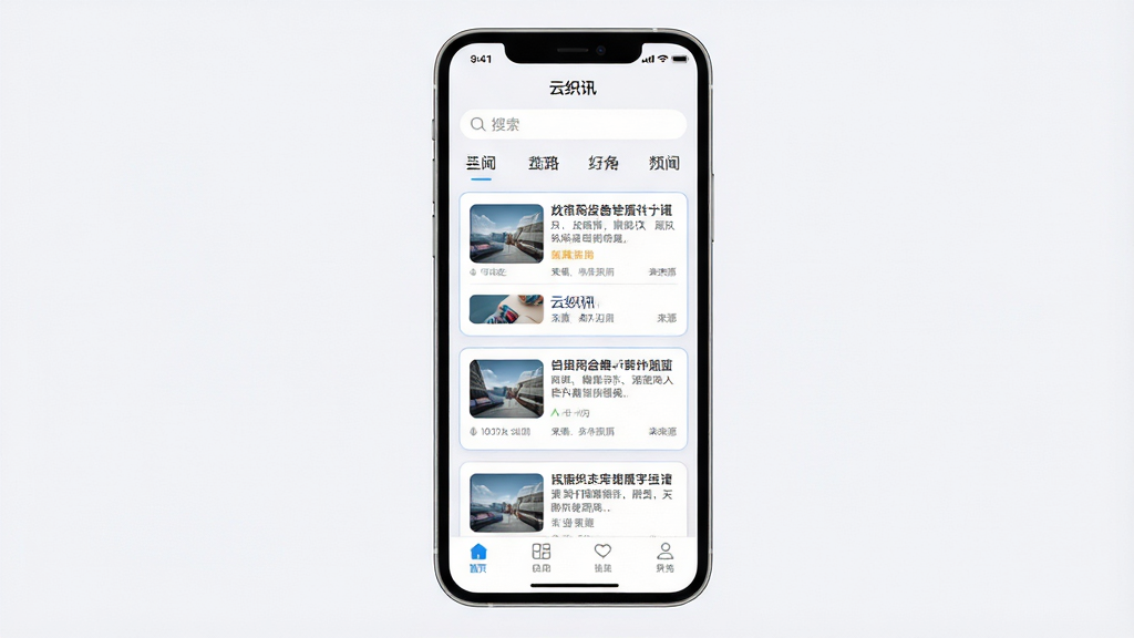 手机屏幕居中展示“云织讯”应用主界面,顶部为搜索栏与栏目分类标签,中部为卡片式资讯列表,每条卡片包含标题、缩略图与来源标识,底部为导航栏;整体布局左右留白均衡,背景为浅灰白色,界面风格清爽简约,细节上卡片带有轻微圆角与细边框,画质清晰干净,无多余装饰元素