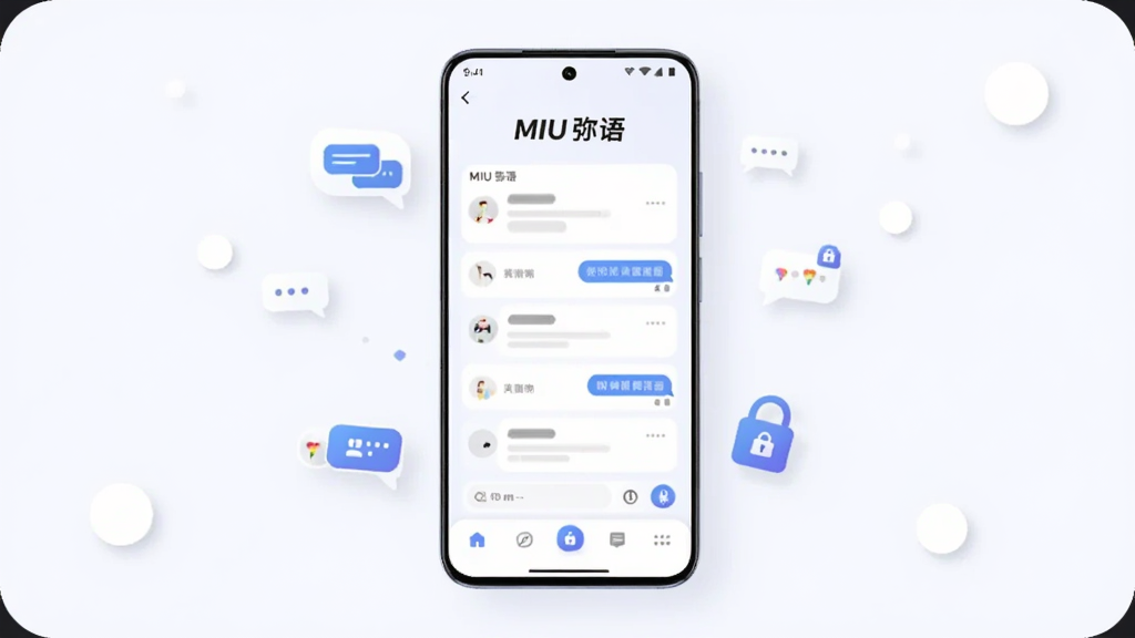 画面主体为一部竖屏安卓手机,屏幕中央展示 MIU 弥语 应用主界面,界面顶部有「MIU 弥语」字样,下方为简洁的聊天列表与底部导航栏,手机四周点缀少量聊天气泡与锁形隐私图标,整体采用居中构图加左右留白布局,风格为清爽扁平化科技风,细节上强调圆角卡片、浅色背景与柔和阴影,画质高清、画面干净、无多余元素