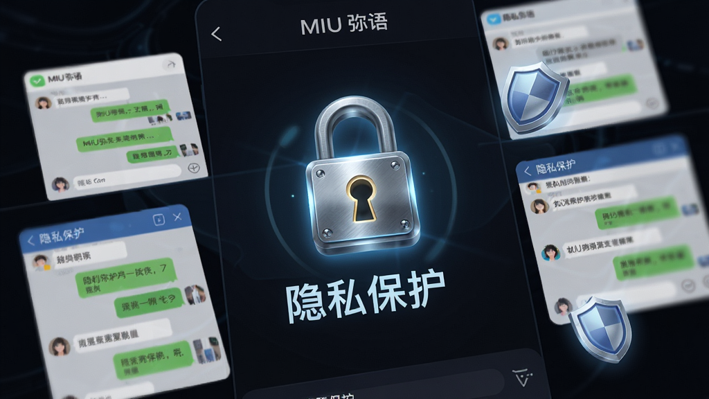 画面主体为 MIU 弥语 应用中的隐私设置页面,页面中央有一把发光的锁形图标与「隐私保护」字样,周围环绕聊天窗口缩略图与盾牌元素,布局为上下分层结构,风格为深色科技感视觉,细节上突出锁具的金属质感与界面高光,画质精细、画面干净、无多余元素