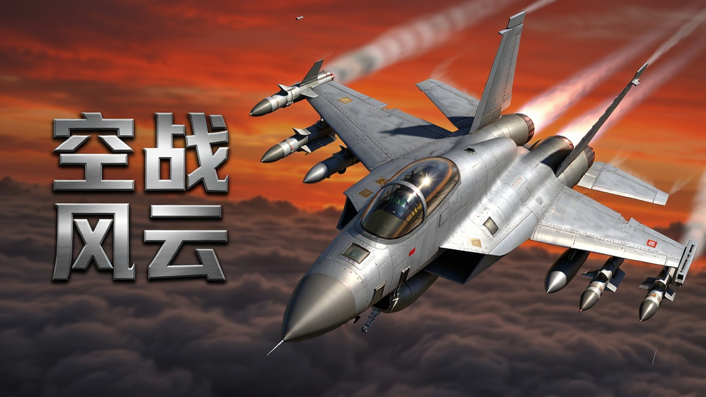画面主体为一架银灰色现代战斗机从云层中俯冲而出,机翼两侧挂载导弹,背景是黄昏时分的橙红色天空与厚重云海,布局上战机占据画面中央偏右位置,左侧留白处用金属质感字体写着