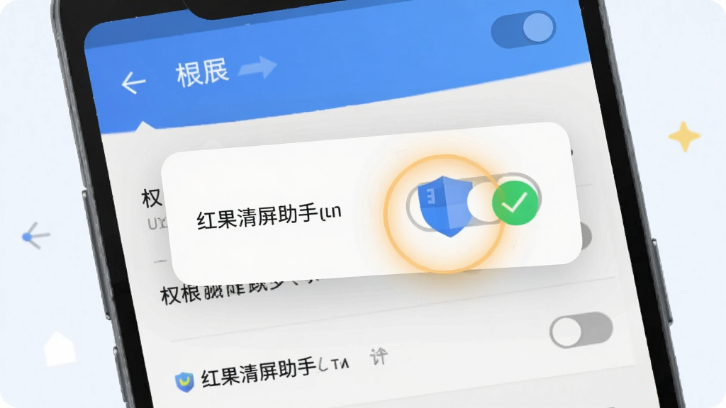 一部安卓手机屏幕特写,屏幕上显示权限设置界面,悬浮窗权限开关被高亮标注,旁边有一个盾牌图标和勾选标记,布局为手机居中、权限卡片放大展示,风格为扁平化系统设置界面示意插画,细节包括开关按钮、权限列表条目、高亮光圈,画质清晰,背景浅色干净,无多余元素,图片中打文字